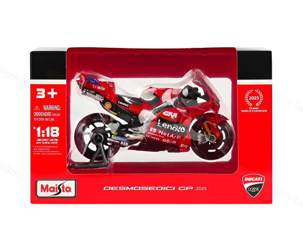 Motos Miniatura Ducati 2025 Marc Márquez #93 y Pecco Bagnaia #63, Vista Frontal Caja Original