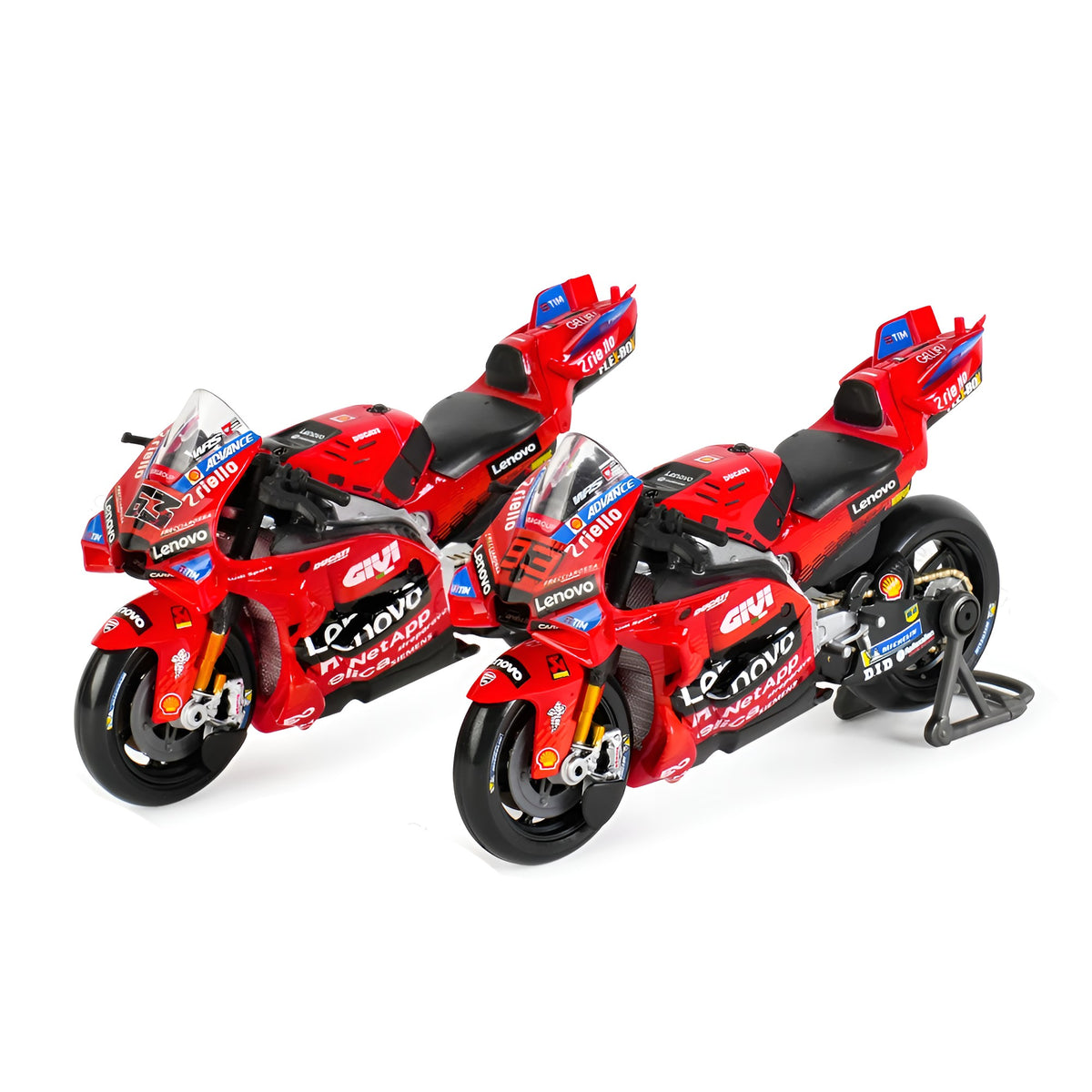 Motos Miniatura Ducati 2025 Marc Márquez #93 y Pecco Bagnaia #63, Vista Frontal Juntas