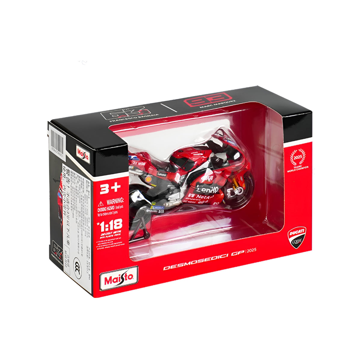 Motos Miniatura Ducati 2025 Marc Márquez #93 y Pecco Bagnaia #63, Vista Inclinada Caja Original