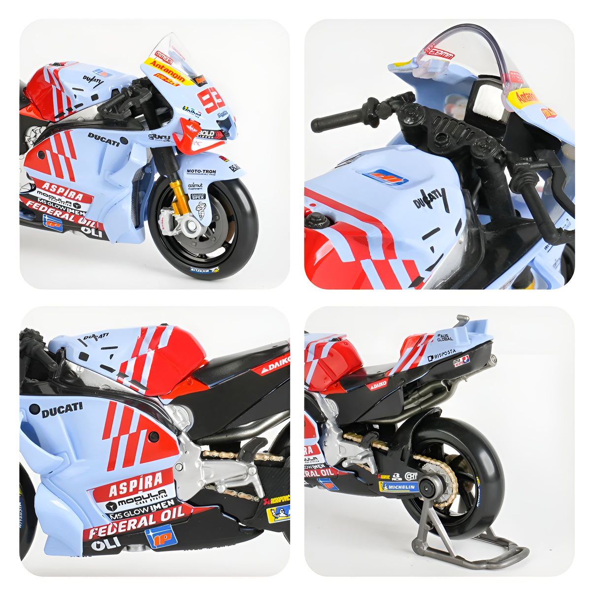Motos Miniatura Gresini 2024 Álex Márquez #73 y Marc Márquez #93, Múltiples Vistas