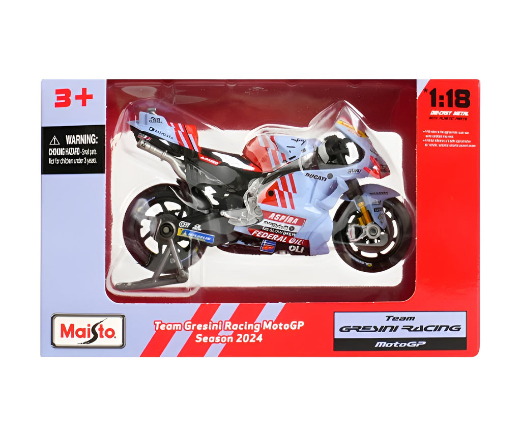 Motos Miniatura Gresini 2024 Álex Márquez #73 y Marc Márquez #93, Vista Frontal Caja Original