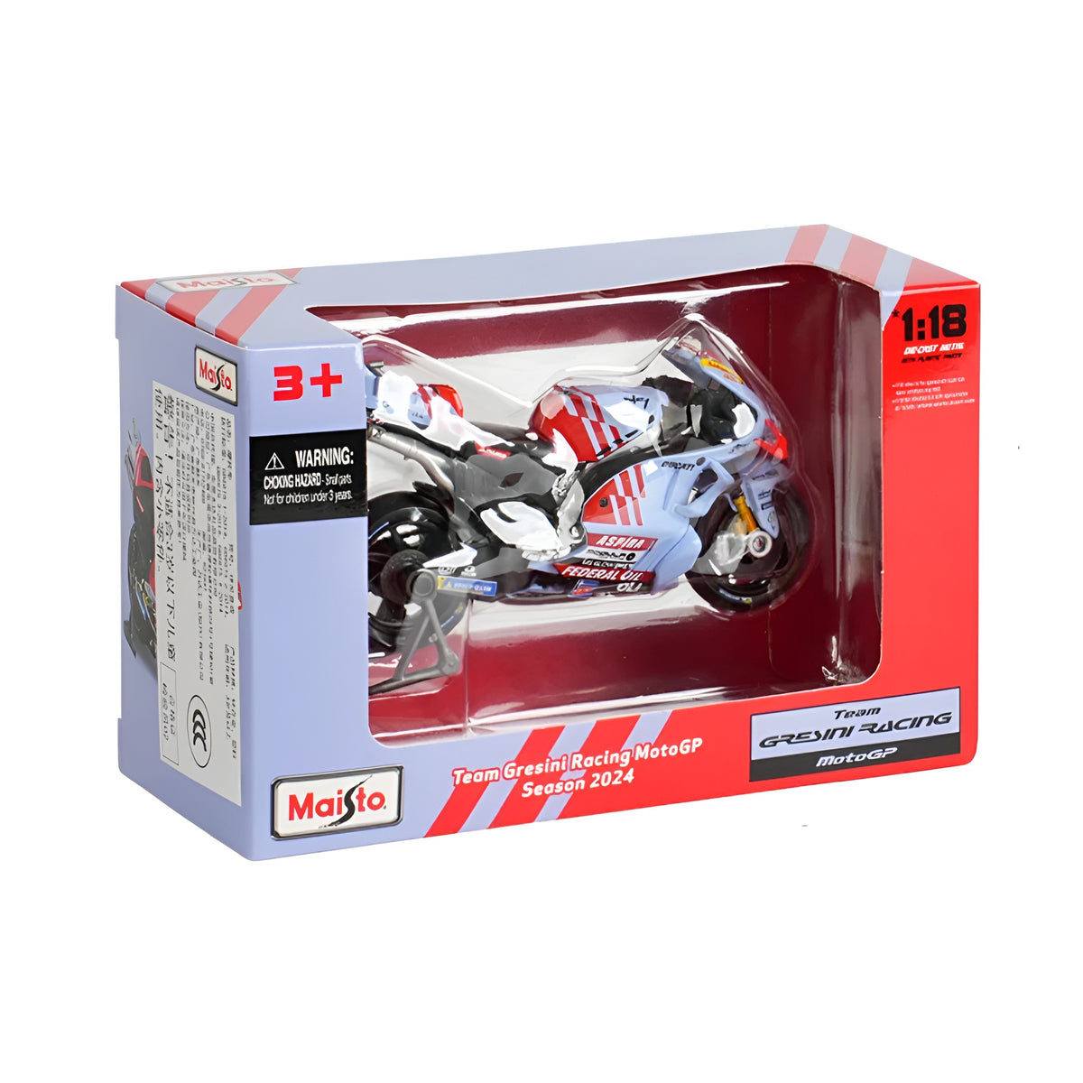 Motos Miniatura Gresini 2024 Álex Márquez #73 y Marc Márquez #93, Vista Inclinada Caja Original