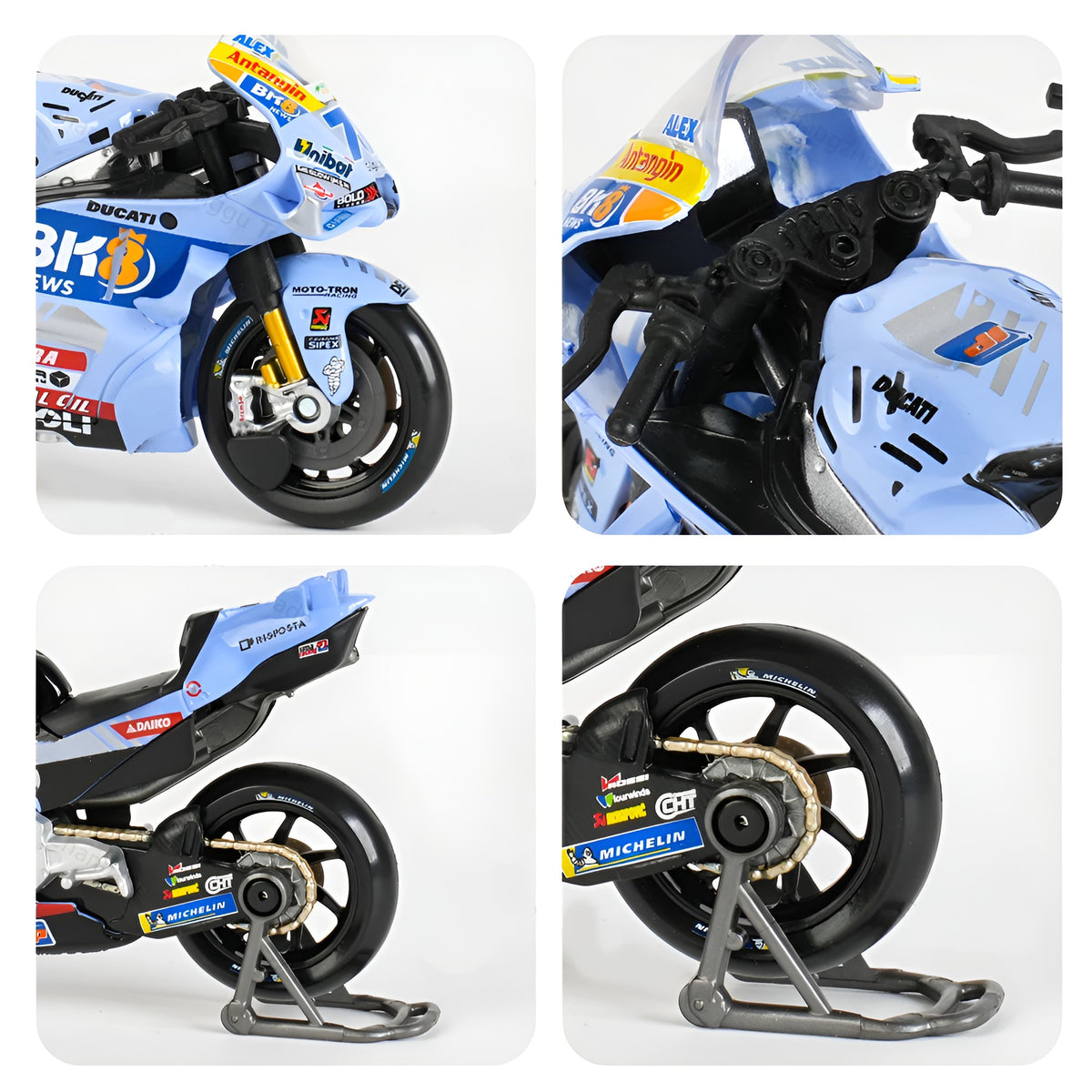 Motos Miniatura Gresini 2025 Álex Márquez #73 y Fermín Aldeguer #54, Múltiples Vistas