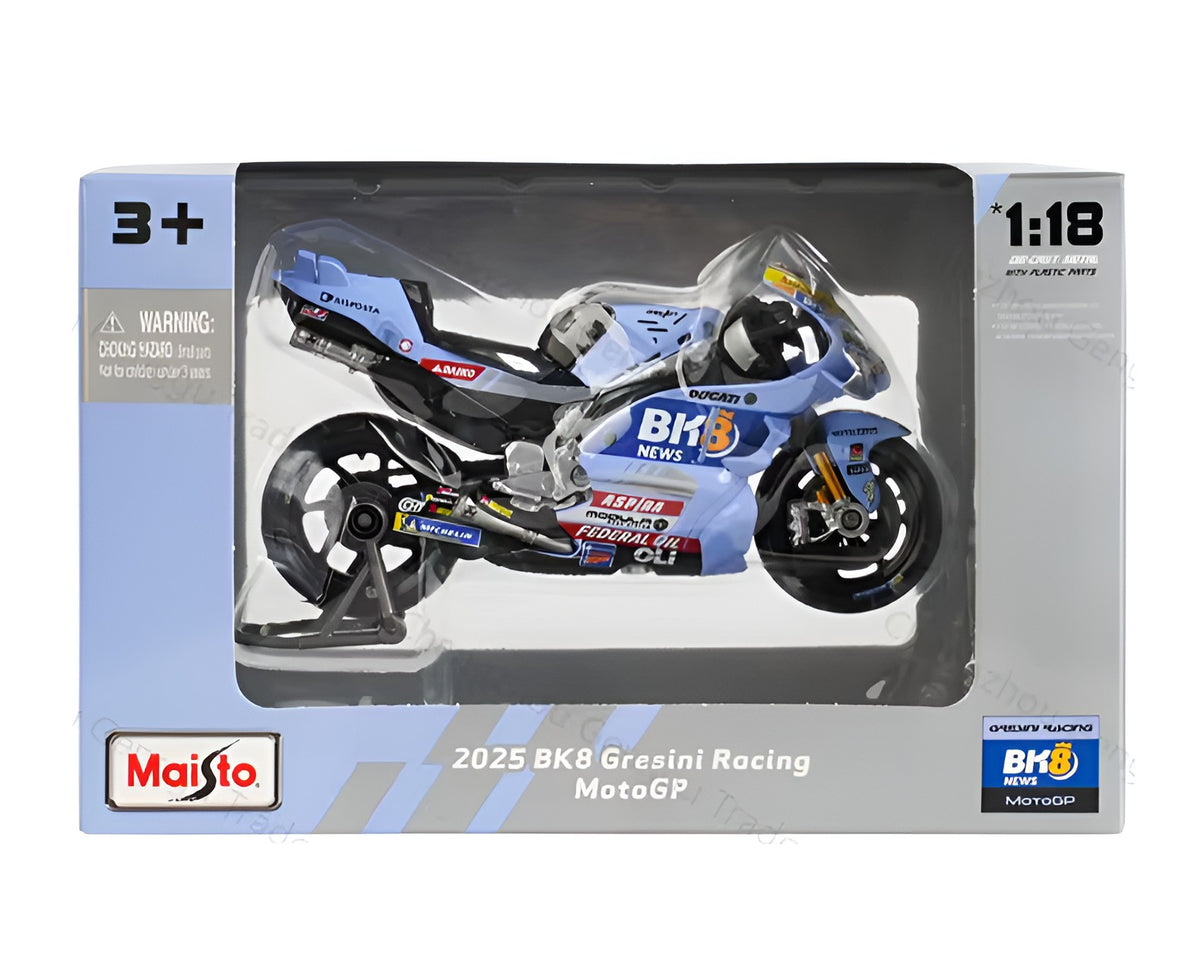 Motos Miniatura Gresini 2025 Álex Márquez #73 y Fermín Aldeguer #54, Vista Frontal Caja Original
