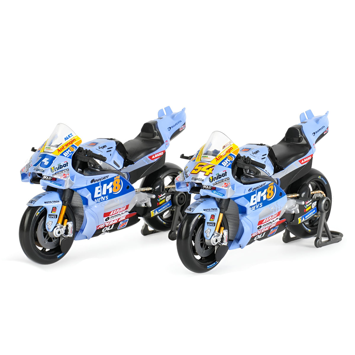 Motos Miniatura Gresini 2025 Álex Márquez #73 y Fermín Aldeguer #54, Vista Frontal Juntas